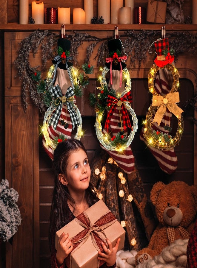 Baquler 3 Pcs Christmas Snowman Lighted Wreath Decoration Rustic Christmas Decor with Hat Bow Red Berries Pine Cone Vine for Xmas Winter Front Door Home Wall Decor, Batteries Not Included(Snowman) - Image 3